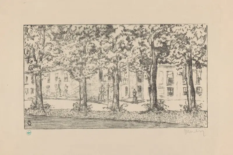 Utsikt mot trappan vid Paleis Huis ten Bosch mellan en rad träd av Simon Moulijn