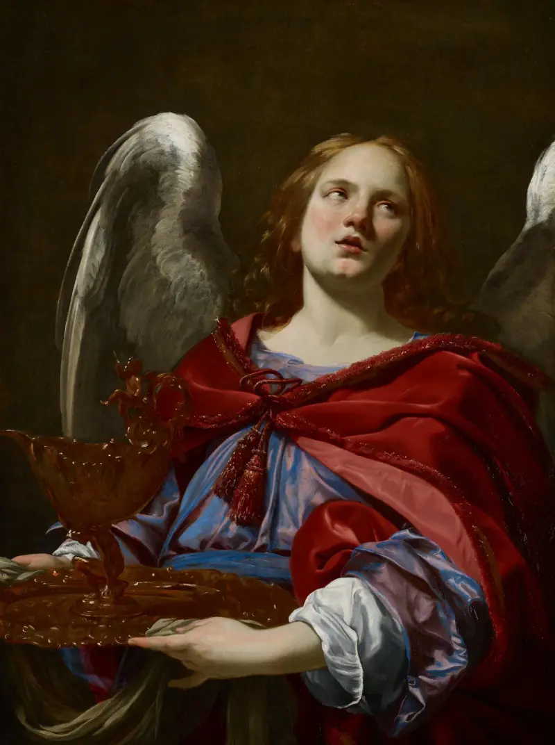 Änglar med passionsattribut; ängel med kärl och handduk för tvagning av Pontius Pilatus händer av Simon Vouet