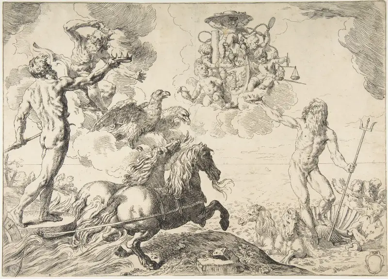 Jupiter, Neptune, and Pluto offering their crowns to the arms of Cardinal Borghese av Simone Cantarini