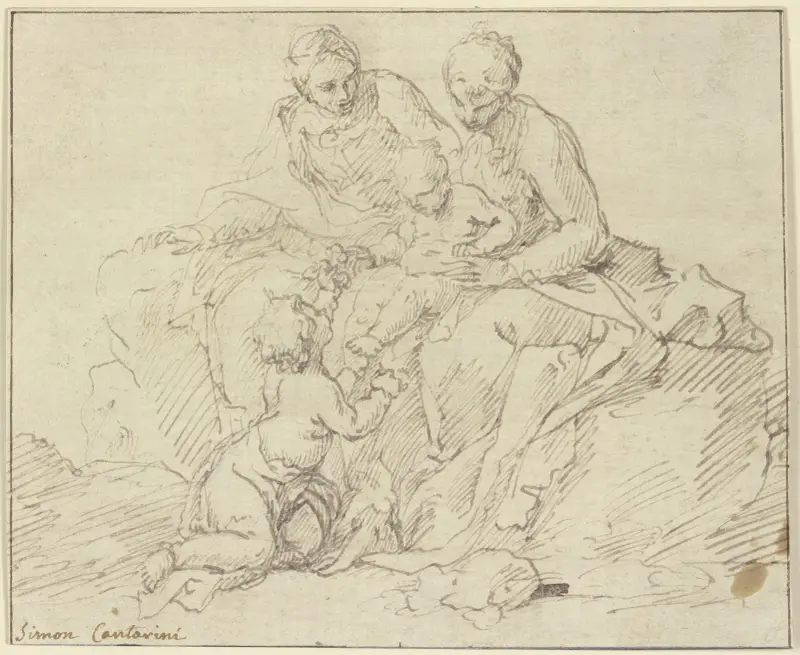 Maria und Elisabeth mit dem Jesuskind und dem Johannesknaben av Simone Cantarini
