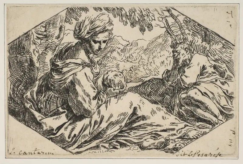 Ruhe auf der Flucht nach Ägypten, Maria hält und betrachtet das Jesuskind, während Josef schläft von Simone Cantarini