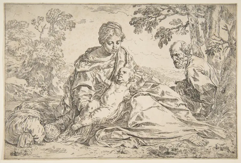 Ruhe auf der Flucht nach Ägypten, Maria hält das Kind Christus, Josef rechts von Simone Cantarini