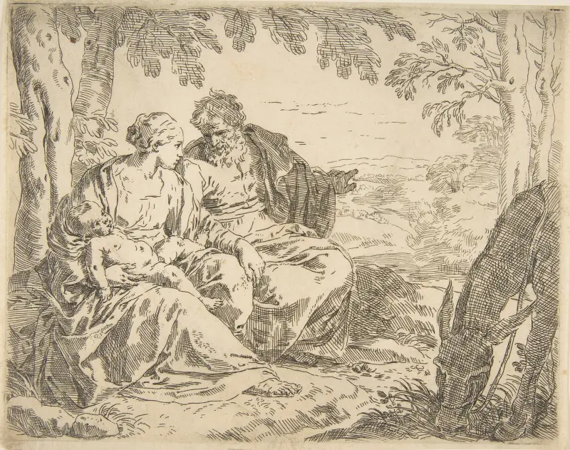 Rest on the flight into Egypt, Mary holding the infant Christ while St. Joseph points into the distance av Simone Cantarini