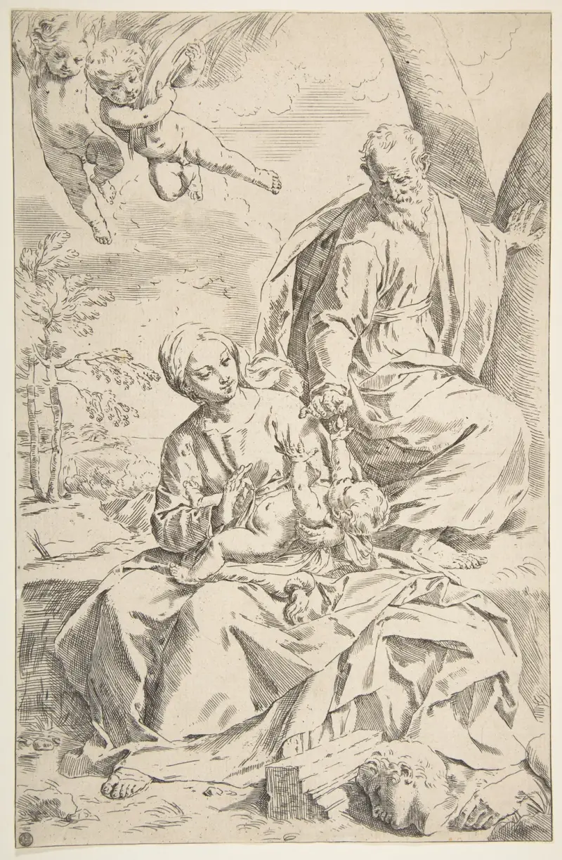 Rest on the flight into Egypt, Mary holding the infant Christ while St. Joseph hands him a fruit av Simone Cantarini