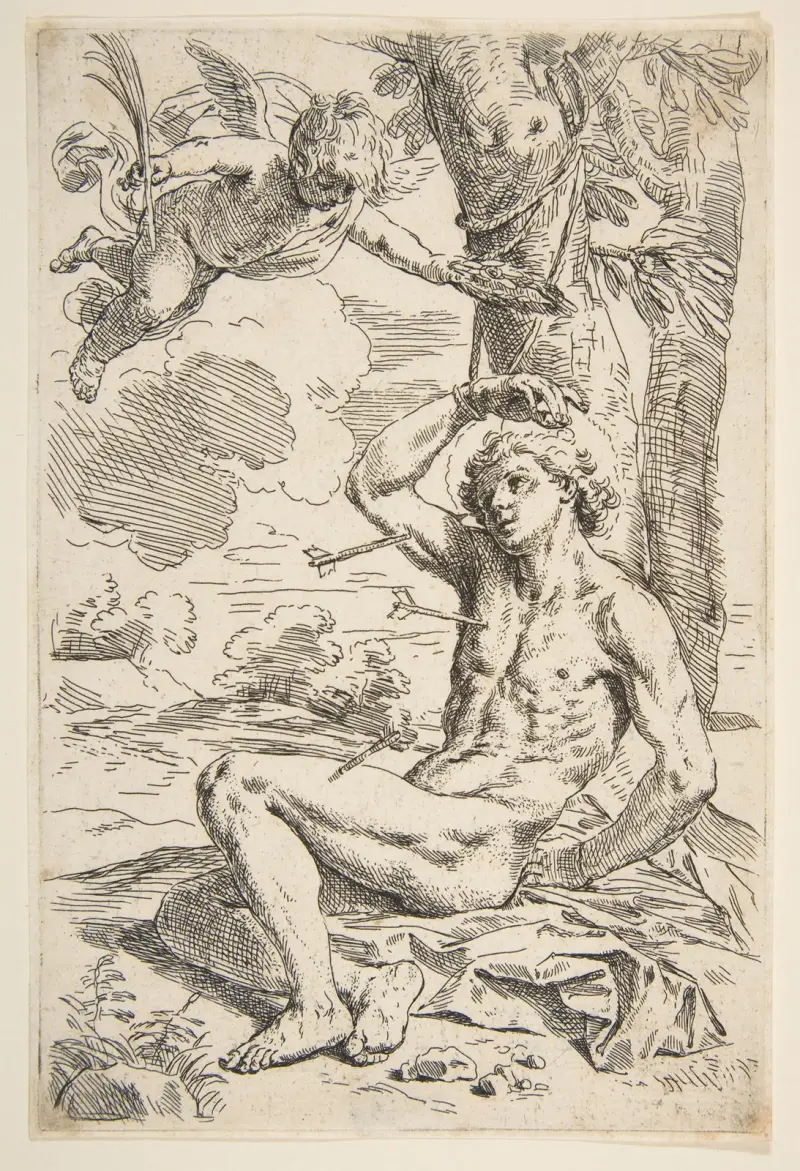 Saint Sebastian pierced with arrows and tied to a tree av Simone Cantarini