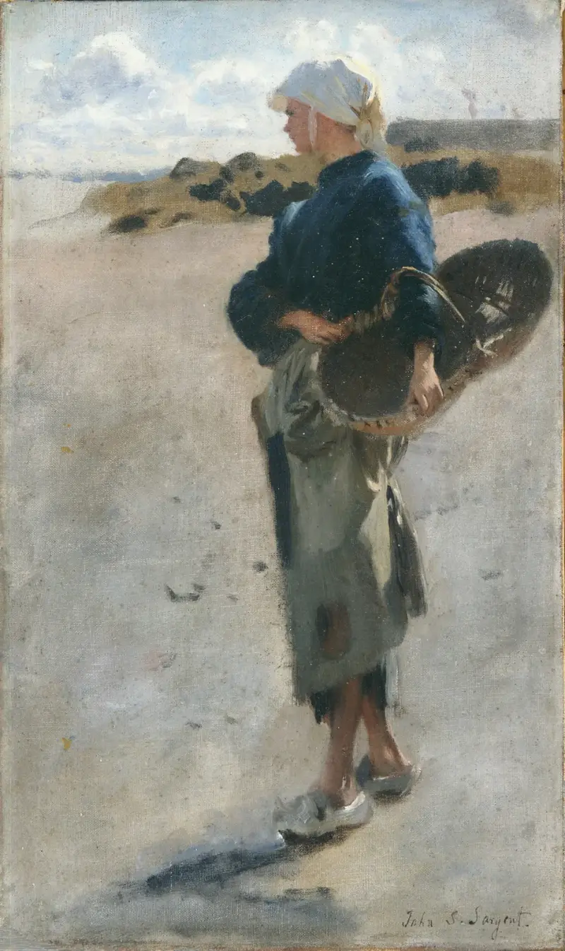 Bretagnisk flicka med korg, skiss till 'Ostronplockerskor i Cancale' av John Singer Sargent