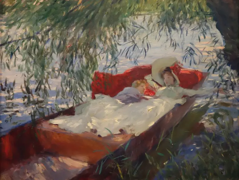 Damen och barnet sovande i en eka under pilarna av John Singer Sargent