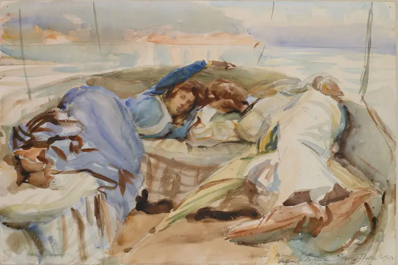 Två figurer i en båt, Isola Bella, Italien av John Singer Sargent