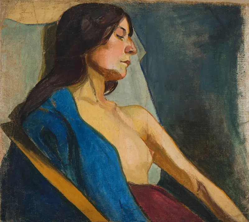 Weiblicher Halbakt mit blauem Schal von Władysław Ślewiński
