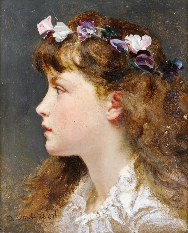 Ung flicka med blomsterkrans i håret av Sophie Anderson
