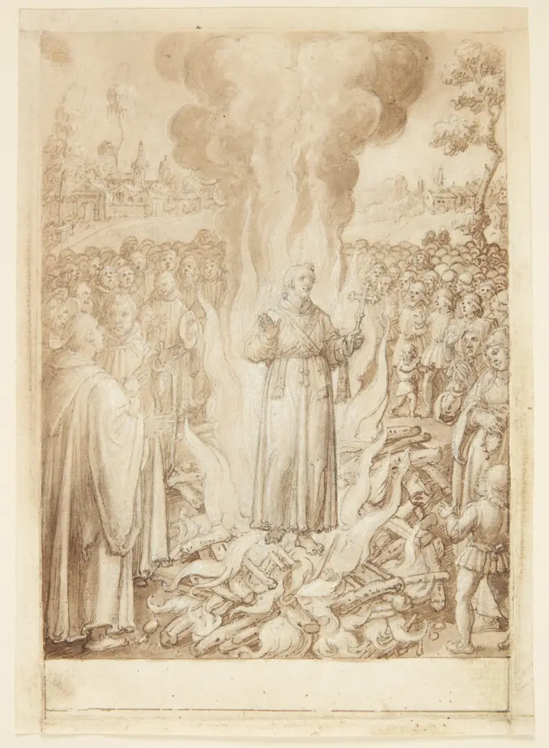 S. Giovanni Alberti av Florens historia: Abbot Petrus bevisar genom eldprov att biskopen av Florens är kättare och simonist av Jan van der Straet (Stradanus)