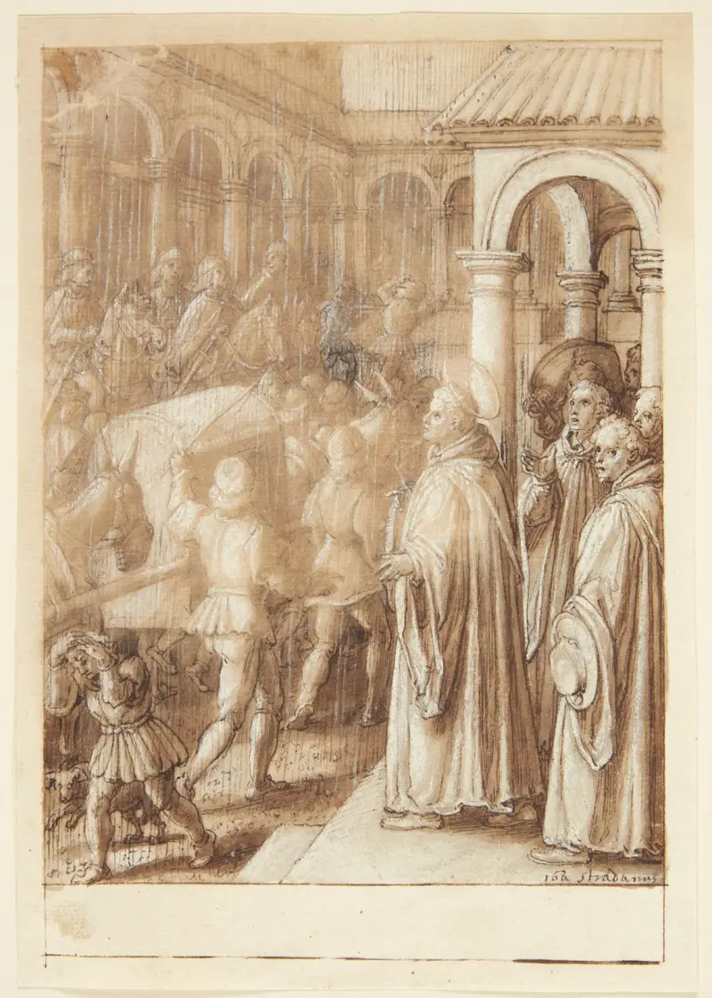 S Giovanni Alberti Fiorentinos historie Helgenen anklager på torvet biskopperne af Firenze for simoni av Jan van der Straet (Stradanus)