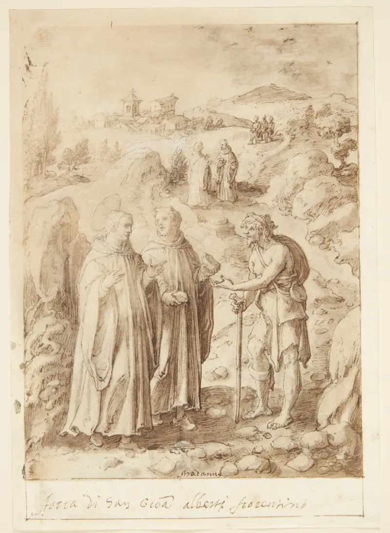 S. Giovanni Alberti av Florens historia: Helgonet och den åtföljande munken ger en tiggare sitt sista bröd av Jan van der Straet (Stradanus)
