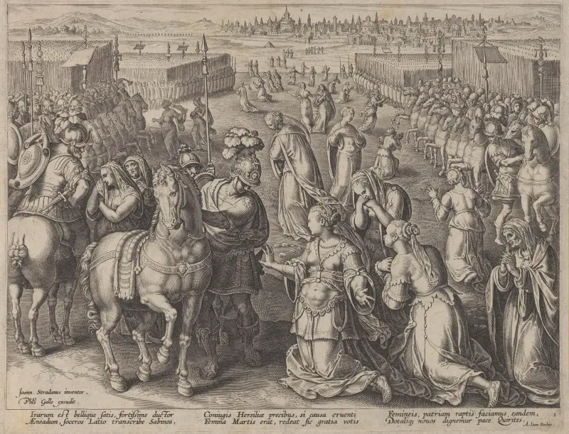 Die Sabinerinnen stiften Frieden von Jan van der Straet (Stradanus)