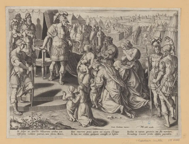 Veturia och Volumnia bönfaller Coriolanus av Jan van der Straet (Stradanus)
