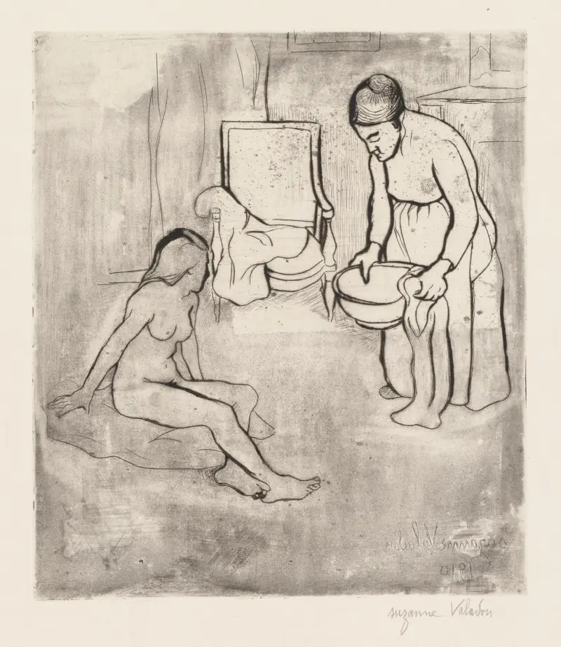 Mormor med Louise, naken sittande på golvet av Suzanne Valadon
