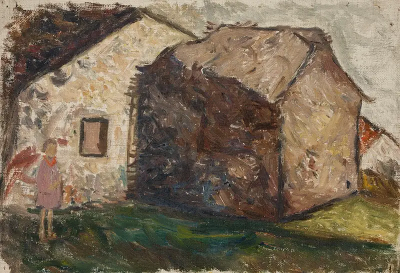 Liten flicka framför ett hus av Tadeusz Makowski