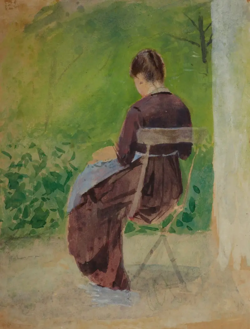Studie av en kvinna som sitter i en trädgård av Teodor Axentowicz