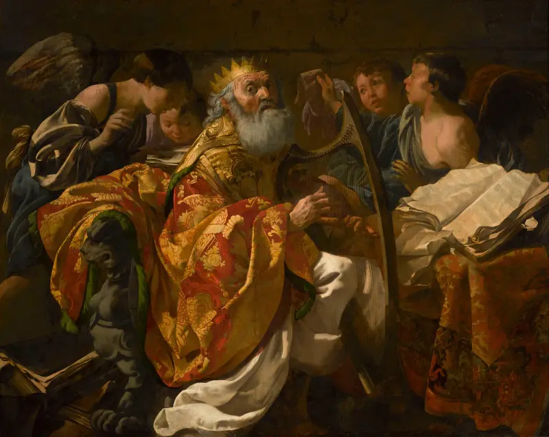Kung David spelar harpa bland änglar av Hendrick Ter Brugghen