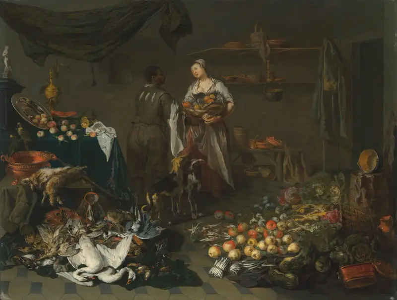 A kitchen interior with a maid and a servant conversing av Jan Van Kessel The Elder