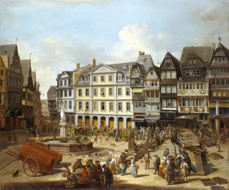 Marknad på Römerberg i Frankfurt av Christian Georg Schütz the elder