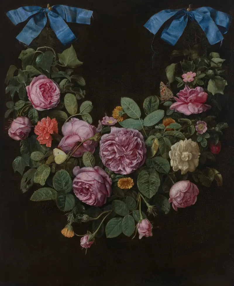 En rosenranka upphängd i blå sidenband av Jan Van Kessel The Elder