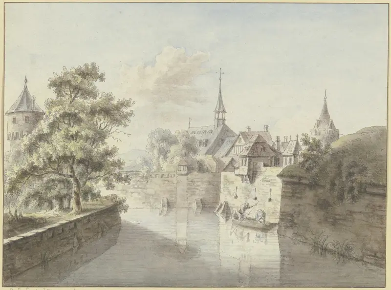 Den forna stadsgraven i Frankfurt vid Fischerfeld framför den gamla judiska kyrkogården av Christian Georg Schütz the elder