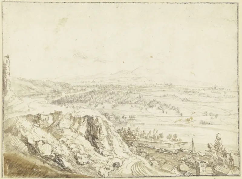 Utsikt från en höjd över en floddal mot avlägsna berg, i förgrunden en by, pråmar på floden av Christian Georg Schütz the elder