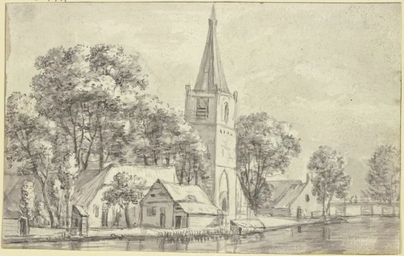 Bykyrka under träd vid kanal av Jan Van Kessel The Elder