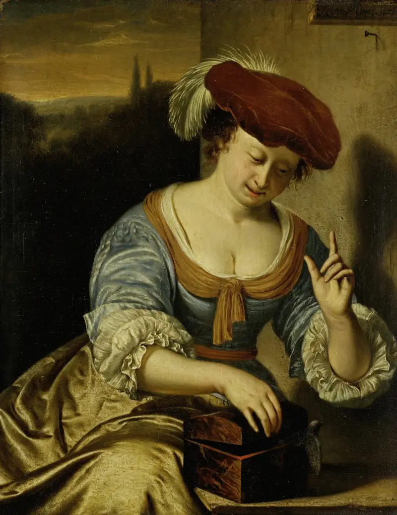 Undflydd fågel; allegori över kyskheten av Frans van Mieris the Elder