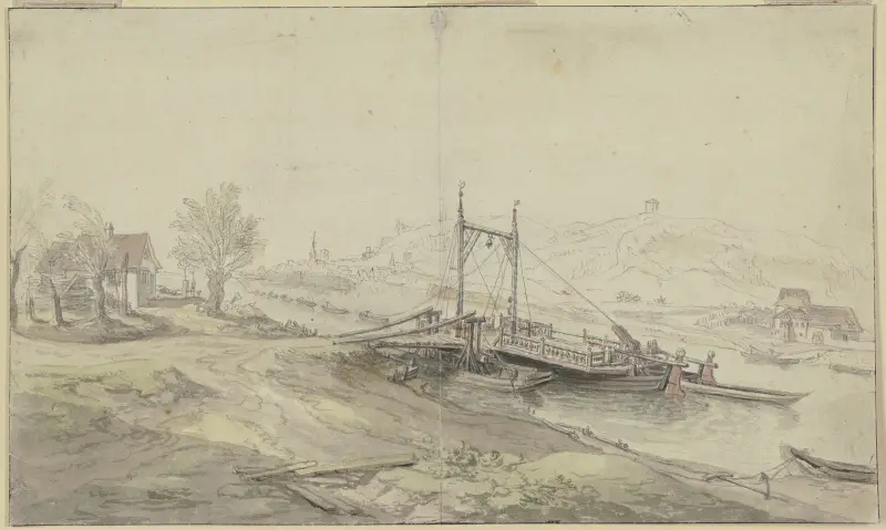 Flodfärja, med hus på båda sidor om floden av Christian Georg Schütz the elder