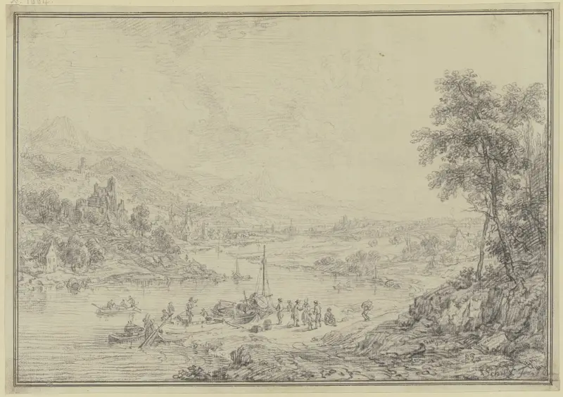 Flodlandskap med en liten stad i dalen, borgar och slott på bergen, framme vid stranden fartyg och figursceneri av Christian Georg Schütz the elder