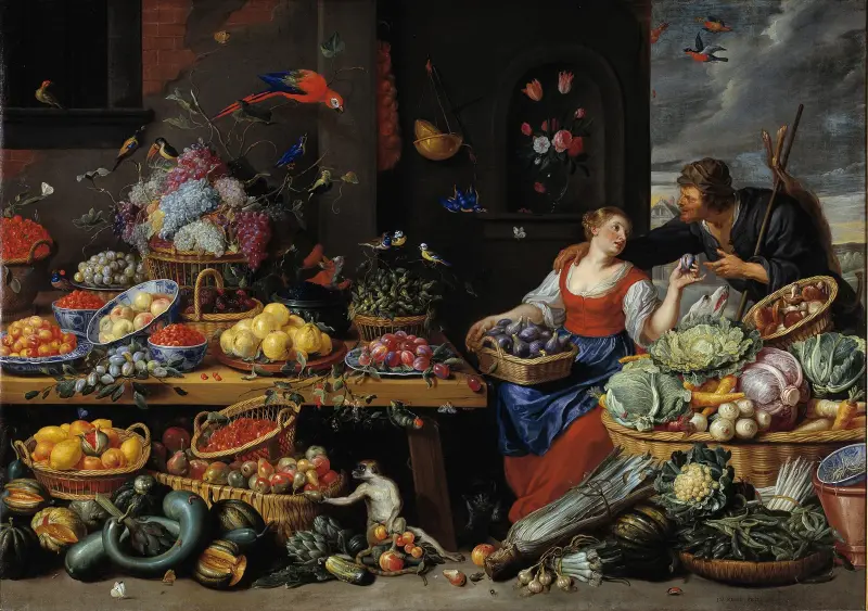 Frukt- och grönsaksmarknad med en ung frukthandlerska av Jan Van Kessel The Elder