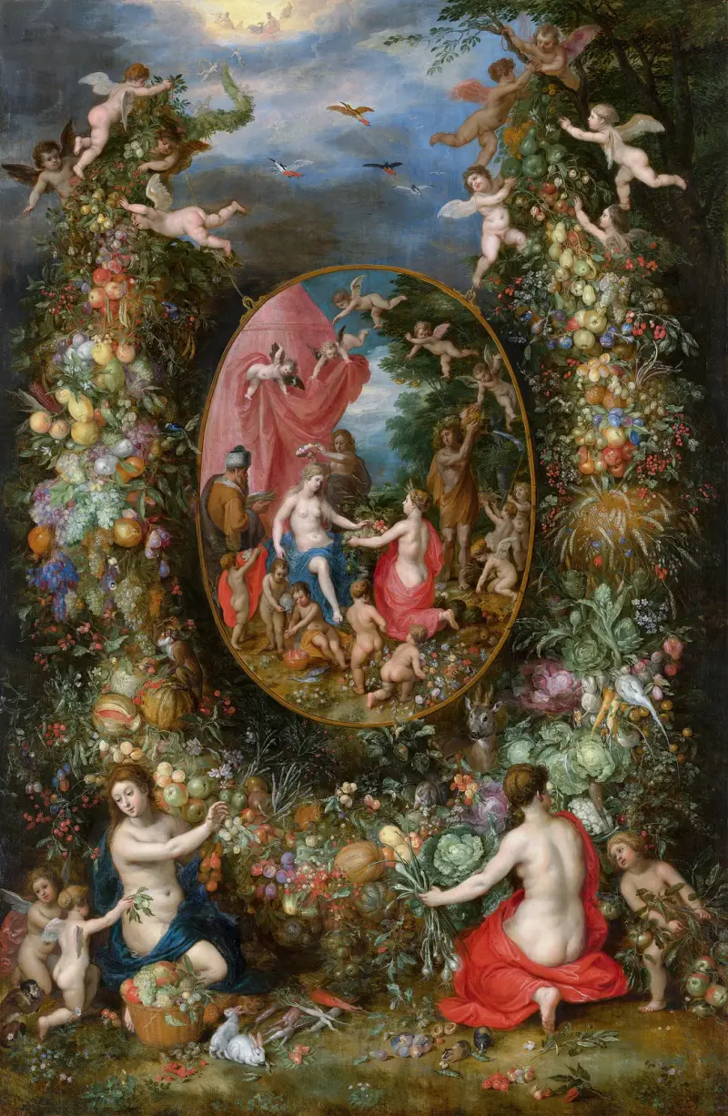 Fruchtgirlande um eine Darstellung der Kybele, die Gaben von den Personifikationen der vier Jahreszeiten empfängt von Jan Brueghel The Elder