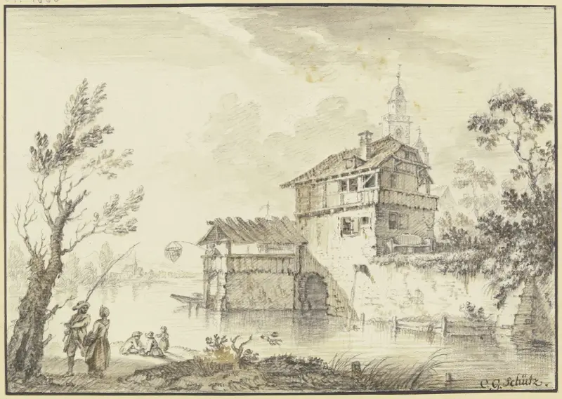 Hus vid vatten, från en förbyggnad fiskar en man med nät, till vänster vid ett träd en fiskare med sin hustru av Christian Georg Schütz the elder