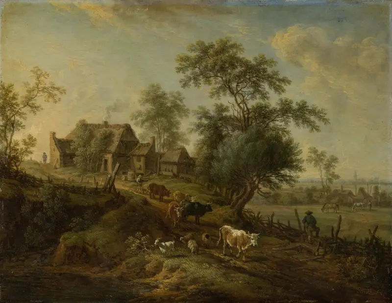 Landscape with Farm Animals on a Road av Christian Georg Schütz the elder