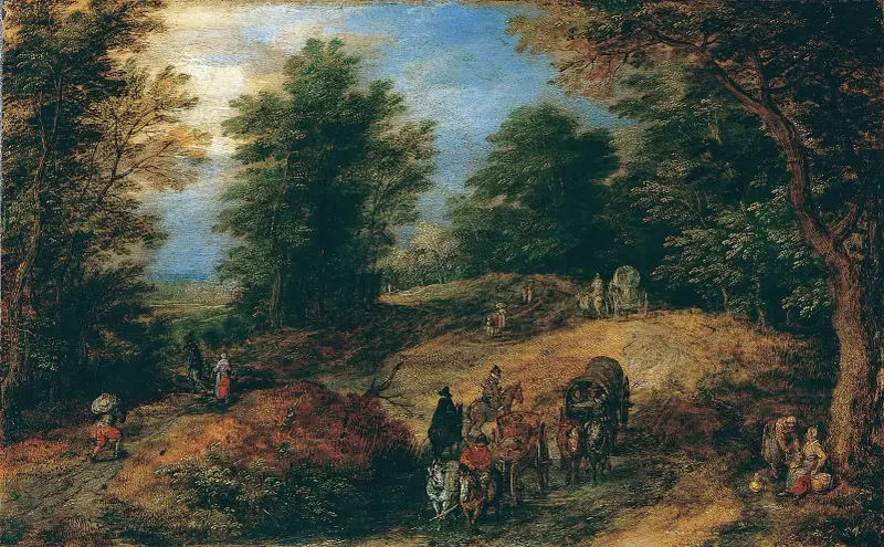 Landskap med resenärer på en skogsstig av Jan Brueghel The Elder