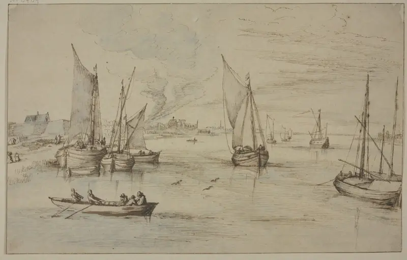 Marine mit vielen Schiffen, links ein Dorf, vorn ein Ruderboot von Jan Brueghel The Elder