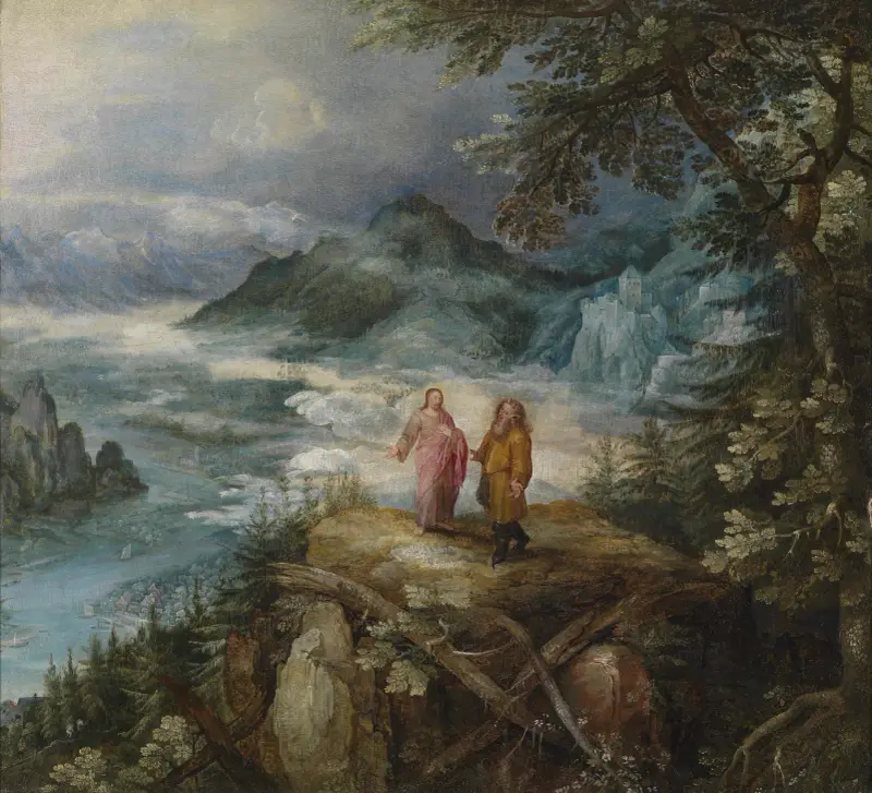 Bergslandskap med Kristi frestelse av Jan Brueghel The Elder