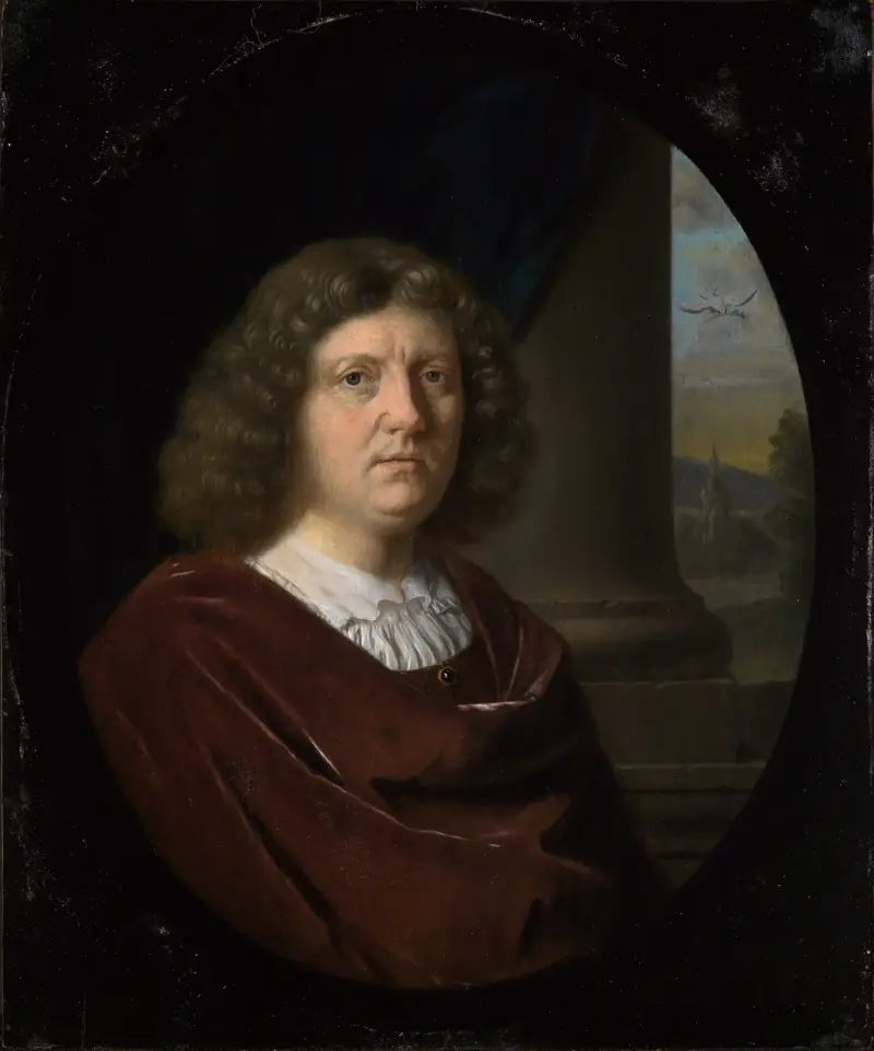 Porträtt av en herre i röd rock av Frans van Mieris the Elder