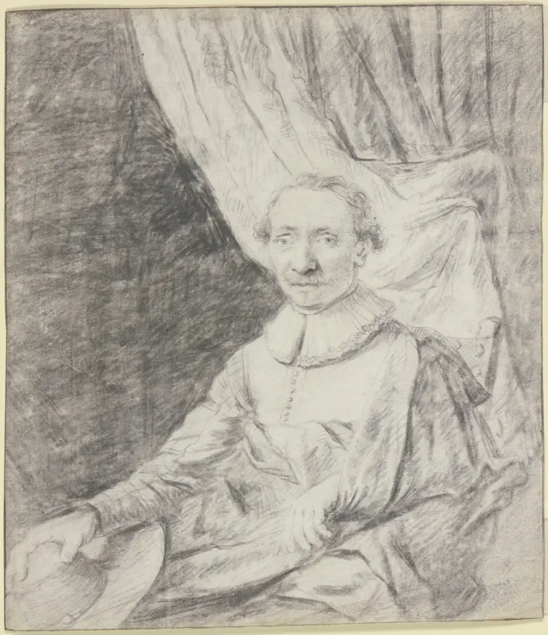 Porträtt av en man i mantel, hatten i handen, sittande framför ett förhänge av Frans van Mieris the Elder