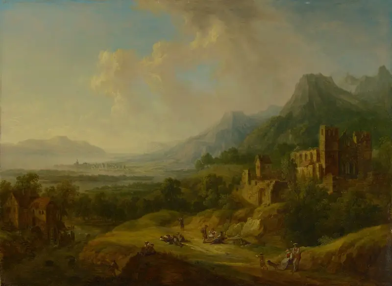 Floddal med kyrkoruin och staffagefigurer av Christian Georg Schütz the elder