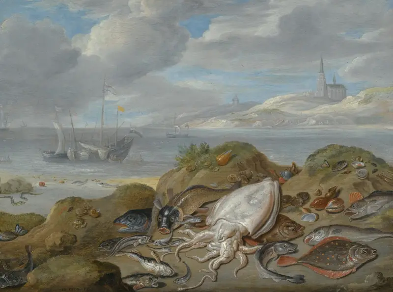 Stillleben mit Tintenfisch, Scholle, Kabeljau, Muscheln und anderen Fischen auf einer Düne, eine Kirche jenseits einer Flussmündung von Jan Van Kessel The Elder