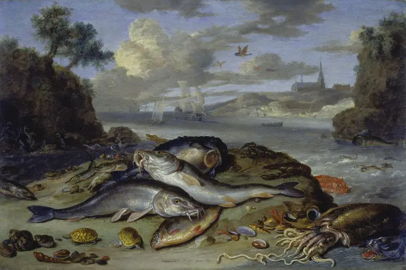 Stilleben med fisk och havsdjur i ett kustlandskap av Jan Van Kessel The Elder