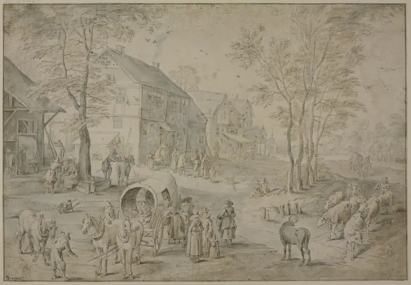 Straße in einem Dorf mit vielen Figuren av Jan Brueghel The Elder