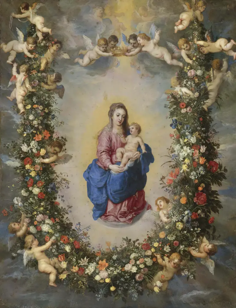 Jungfrun och barnet omgivna av en blomstergirland som hålls uppe av keruber av Jan Brueghel The Elder