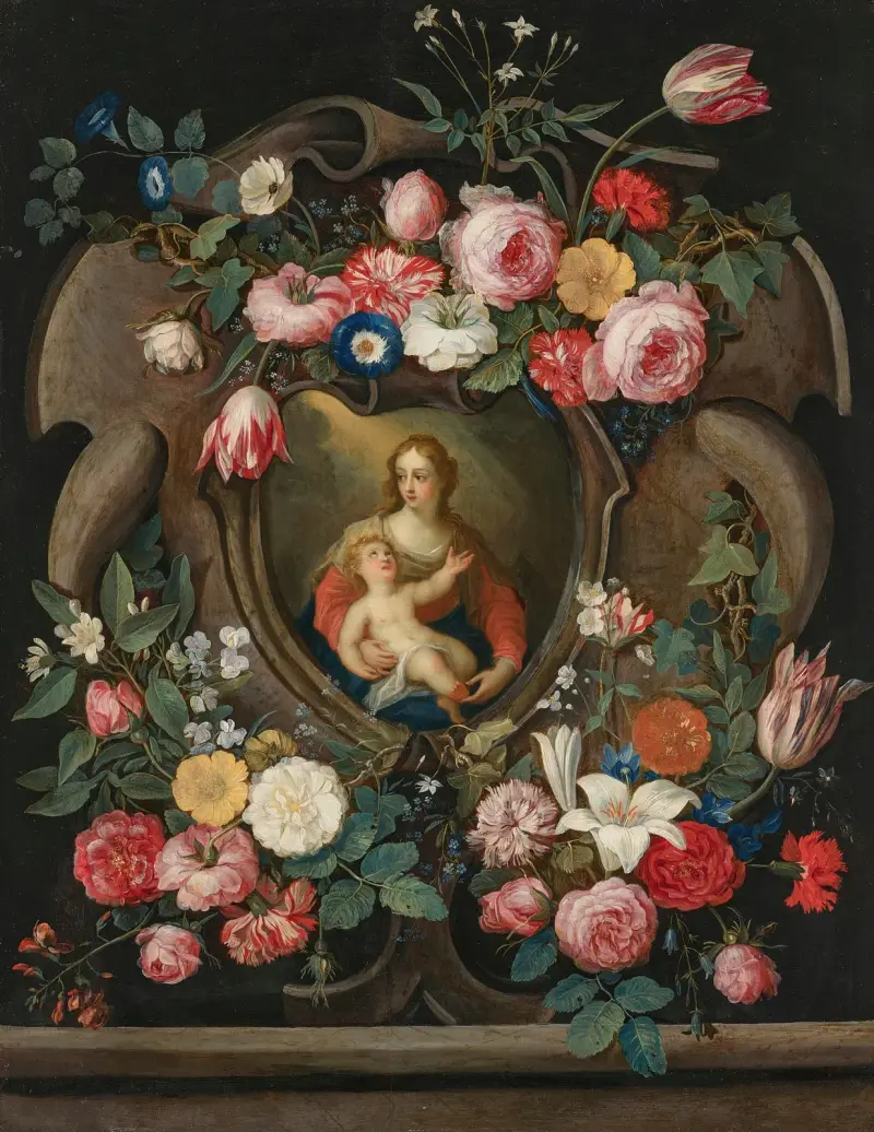 Jungfrun och barnet i en skulpterad kartusch, omgivna av blomstergirlanger av Jan Van Kessel The Elder