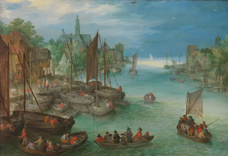 Utsikt över en stad vid en flod av Jan Brueghel The Elder