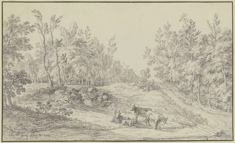 Waldlichtung, im Vordergrund drei Kühe und zwei Schafe von Christian Georg Schütz the elder