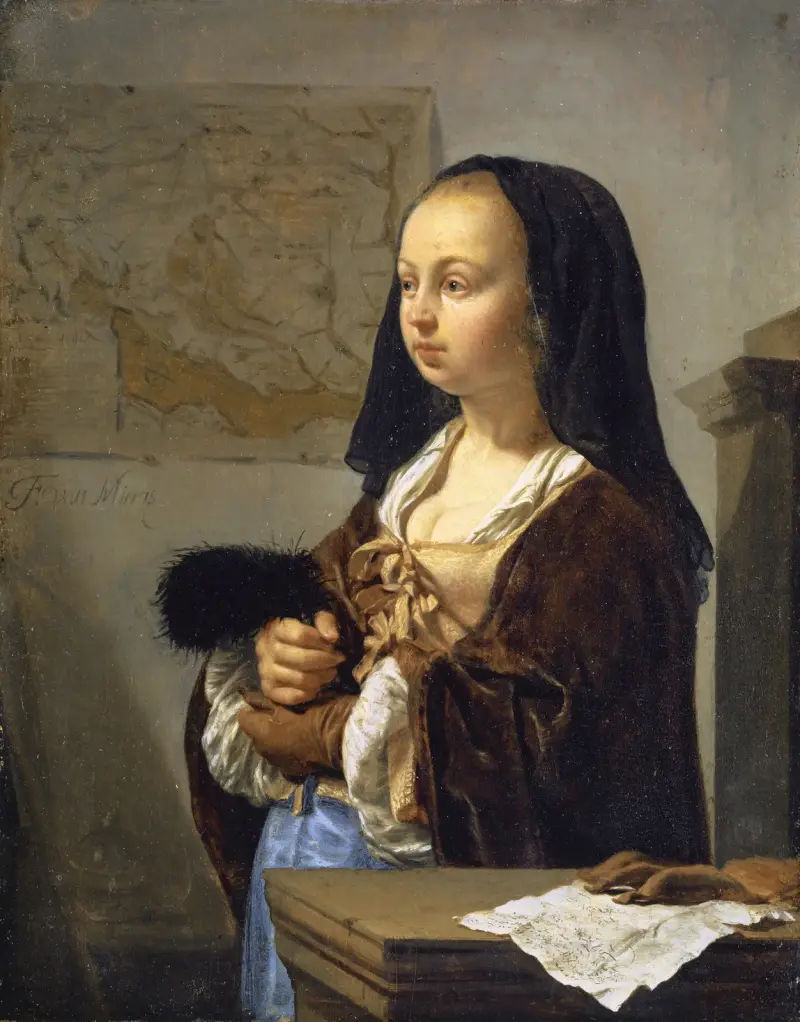 Ung kvinna med fjädersolfjäder redo att gå ut av Frans van Mieris the Elder